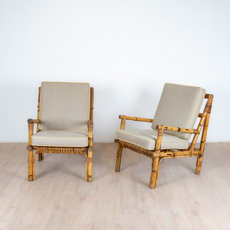 Poltrone in rattan e lino, Italz, 1970, set di 2