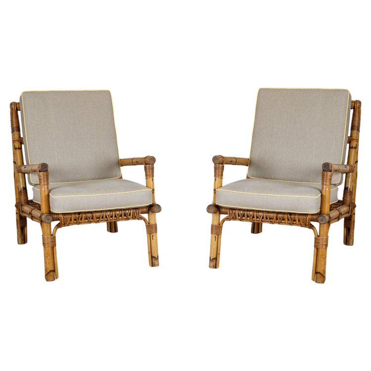 Poltrone in rattan e lino, Italz, 1970, set di 2