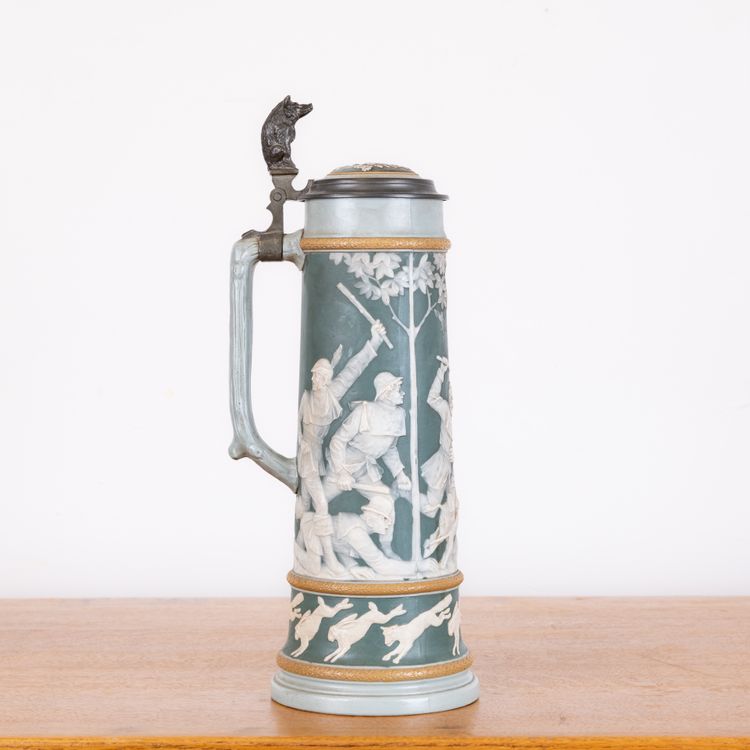 Beer Pitcher 2.5 Liters with Hunting Scene from Mettlach, Germany, 1890s