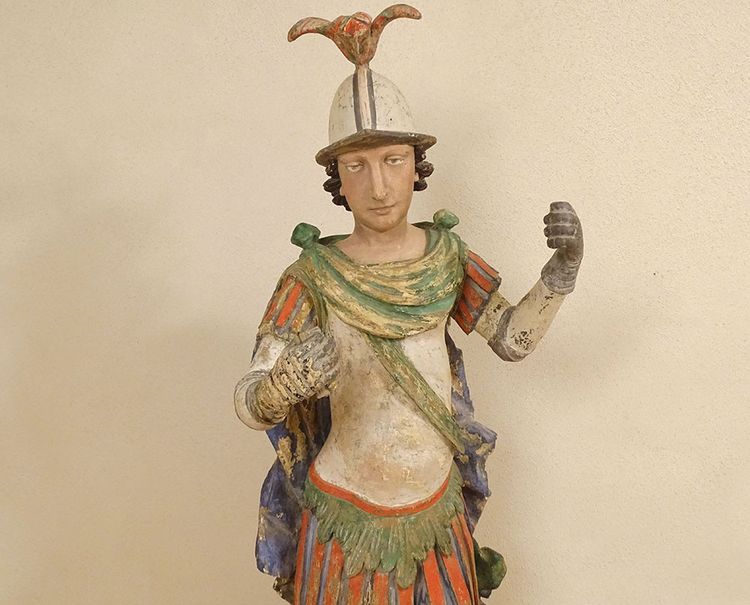 Grande Statue Religieuse Saint Florian Soldat Bois Sculpté Polychrome XVIIè