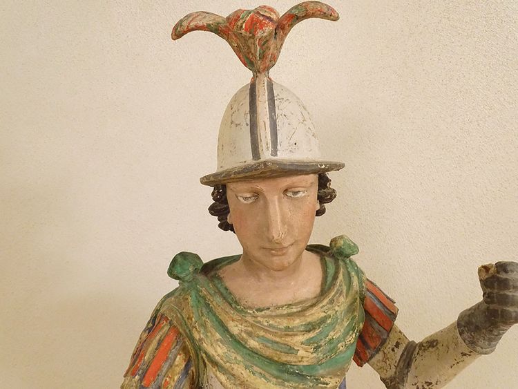 Grande Statue Religieuse Saint Florian Soldat Bois Sculpté Polychrome XVIIè