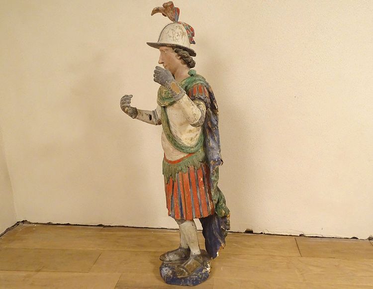 Grande Statue Religieuse Saint Florian Soldat Bois Sculpté Polychrome XVIIè