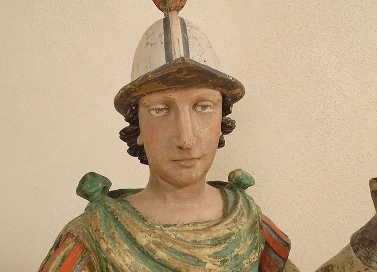 Grande Statue Religieuse Saint Florian Soldat Bois Sculpté Polychrome XVIIè