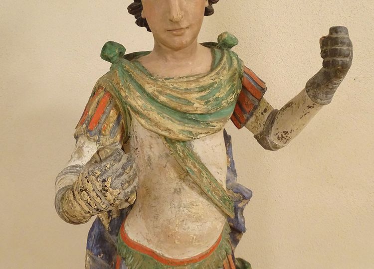 Grande Statue Religieuse Saint Florian Soldat Bois Sculpté Polychrome XVIIè