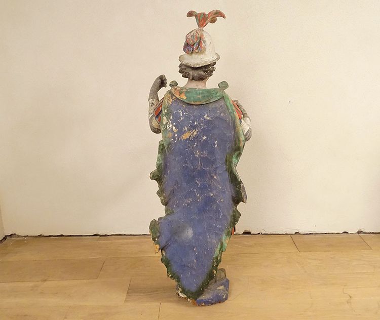 Grande Statue Religieuse Saint Florian Soldat Bois Sculpté Polychrome XVIIè