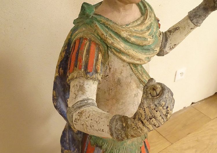 Grande Statue Religieuse Saint Florian Soldat Bois Sculpté Polychrome XVIIè