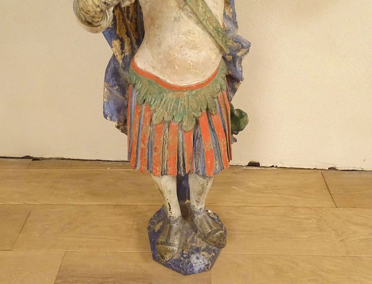Grande Statue Religieuse Saint Florian Soldat Bois Sculpté Polychrome XVIIè