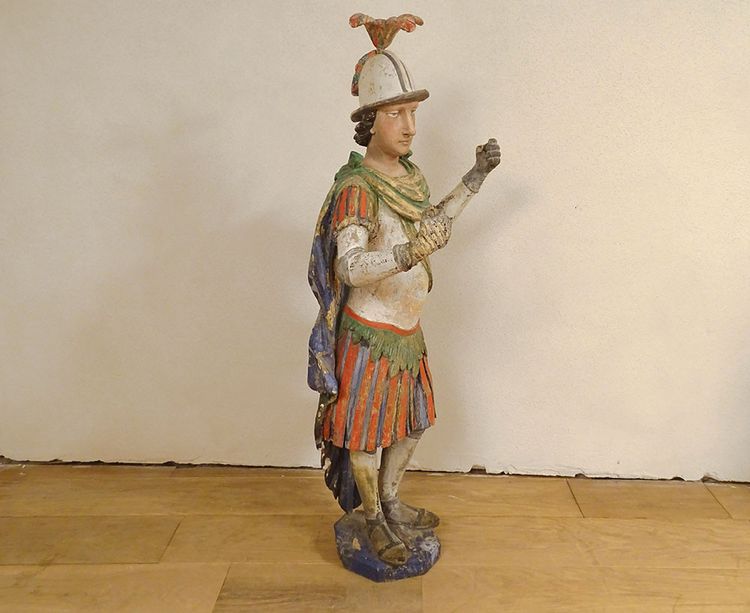 Grande Statue Religieuse Saint Florian Soldat Bois Sculpté Polychrome XVIIè