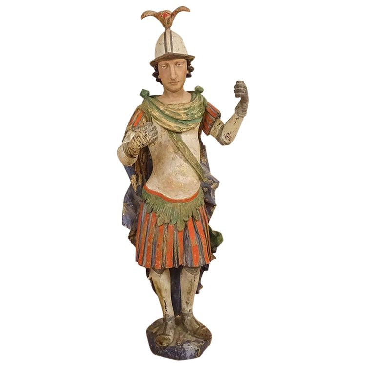 Grande Statue Religieuse Saint Florian Soldat Bois Sculpté Polychrome XVIIè