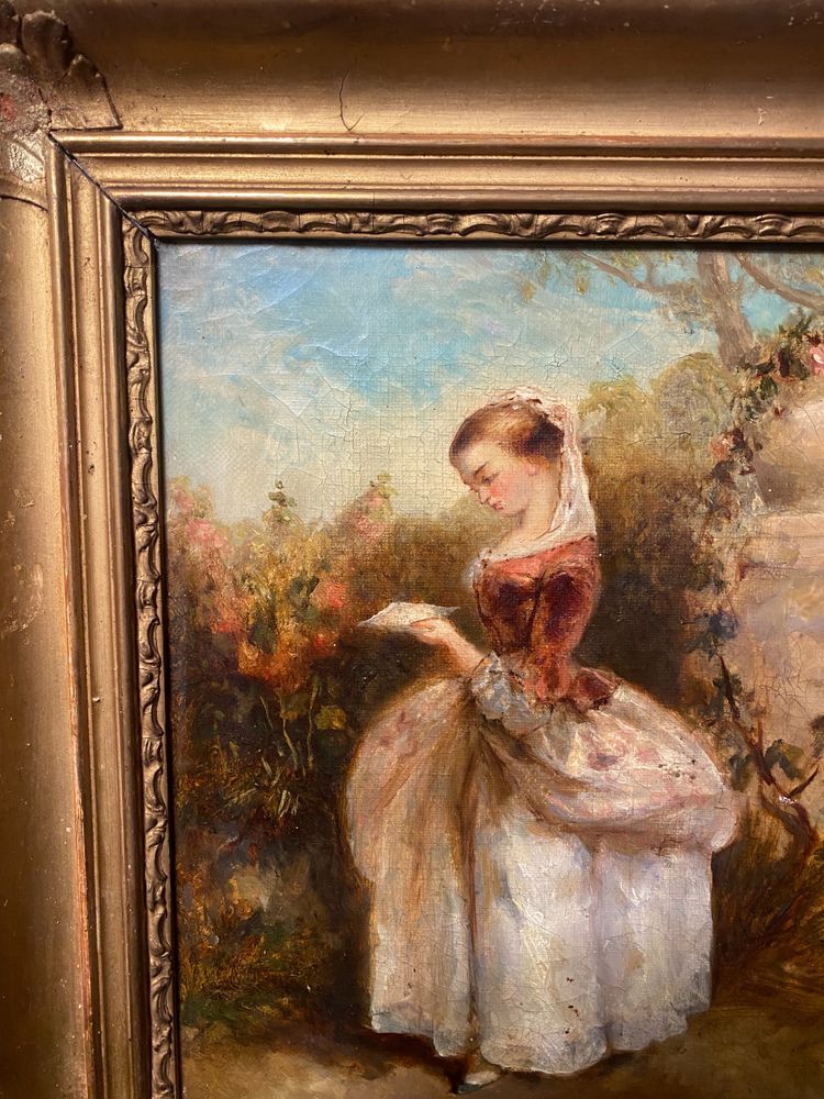 Huile /Toile encadrée d'époque Louis Philippe : "Jeune fille debout lisant dans un parc" vers 1840