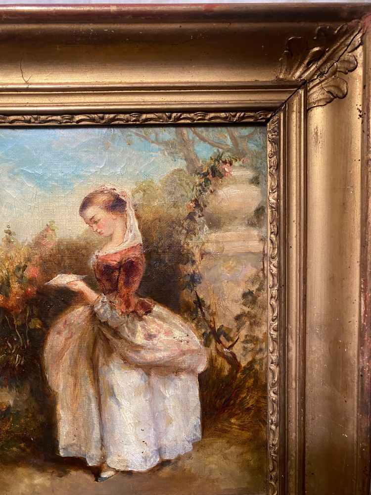Huile /Toile encadrée d'époque Louis Philippe : "Jeune fille debout lisant dans un parc" vers 1840