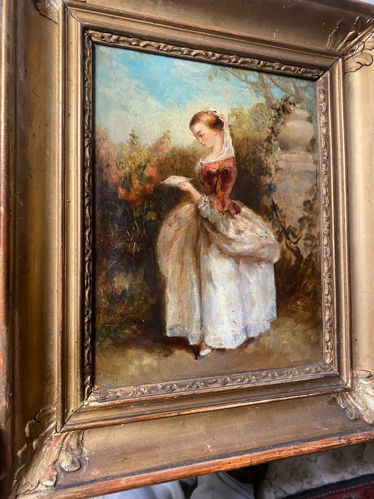 Huile /Toile encadrée d'époque Louis Philippe : "Jeune fille debout lisant dans un parc" vers 1840