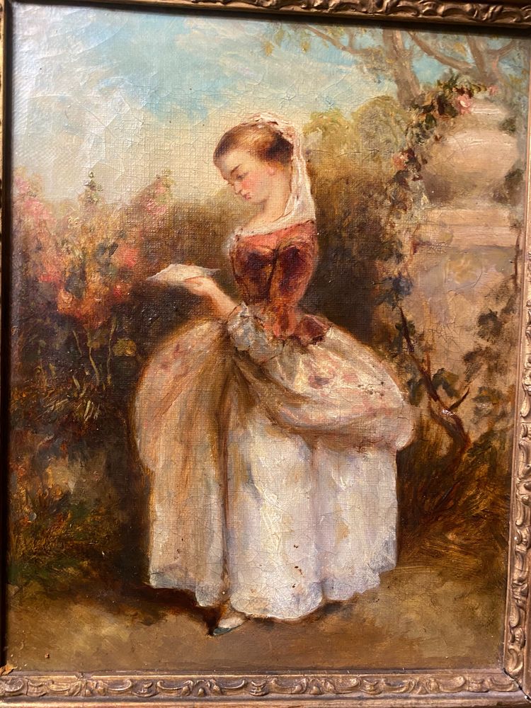 Huile /Toile encadrée d'époque Louis Philippe : "Jeune fille debout lisant dans un parc" vers 1840