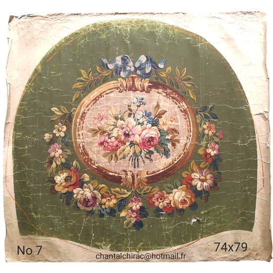 Carton of tapestry: bouquet in medallion on green background