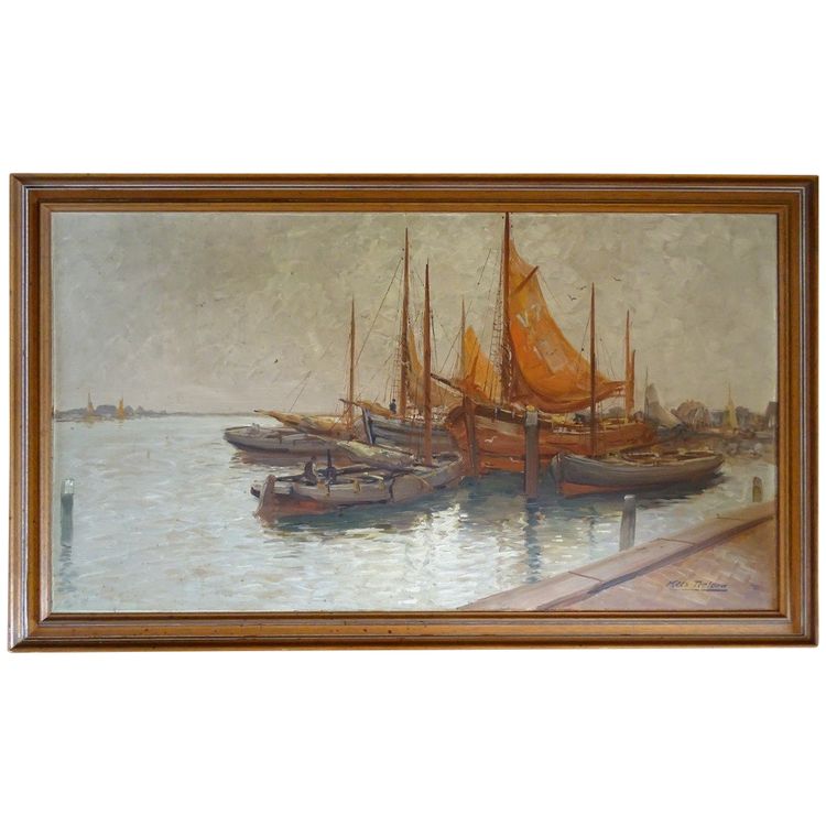 Großes Gemälde von Kees TERLOUW 1890-1942- Holländische Schule Seelandschaft Boote