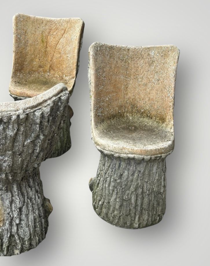 Suite De Six Chaises De Jardin En Ciment Imitant Le Bois Naturel Tronc D'arbre Circa 1950