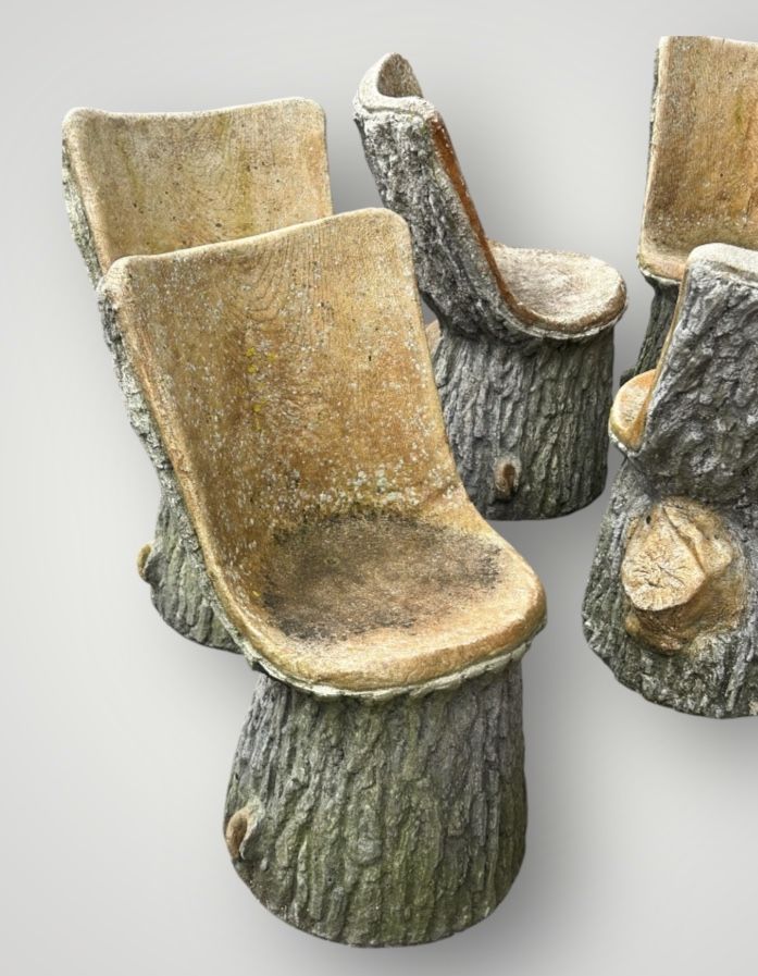 Suite De Six Chaises De Jardin En Ciment Imitant Le Bois Naturel Tronc D'arbre Circa 1950