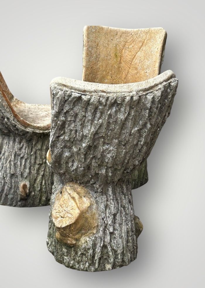 Suite De Six Chaises De Jardin En Ciment Imitant Le Bois Naturel Tronc D'arbre Circa 1950