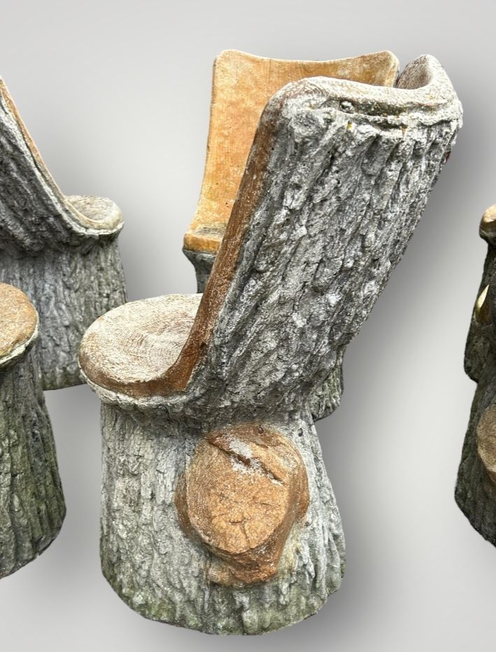 Suite De Six Chaises De Jardin En Ciment Imitant Le Bois Naturel Tronc D'arbre Circa 1950