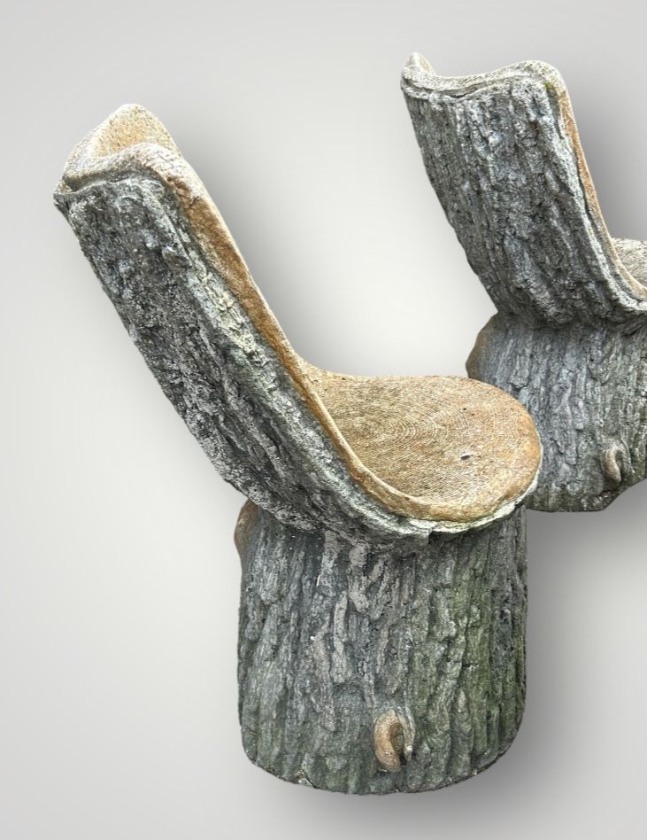 Suite De Six Chaises De Jardin En Ciment Imitant Le Bois Naturel Tronc D'arbre Circa 1950