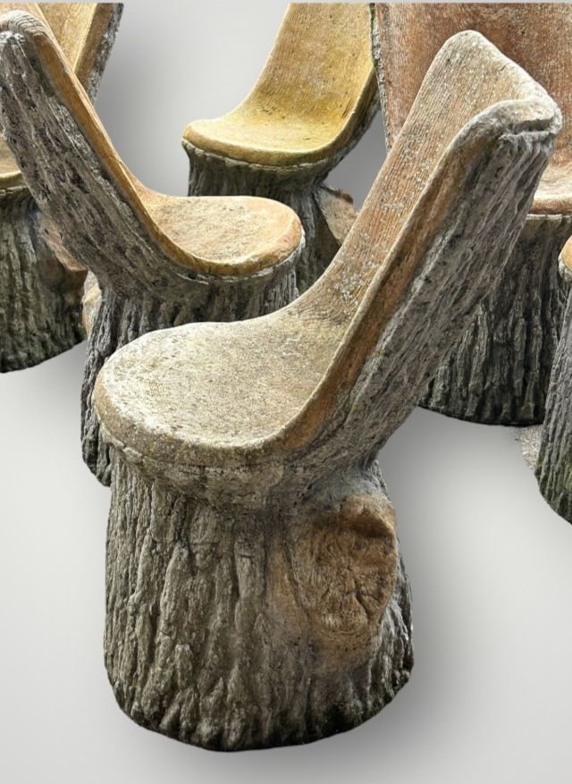 Suite De Six Chaises De Jardin En Ciment Imitant Le Bois Naturel Tronc D'arbre Circa 1950
