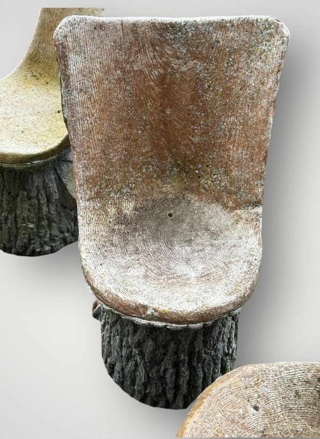 Suite De Six Chaises De Jardin En Ciment Imitant Le Bois Naturel Tronc D'arbre Circa 1950