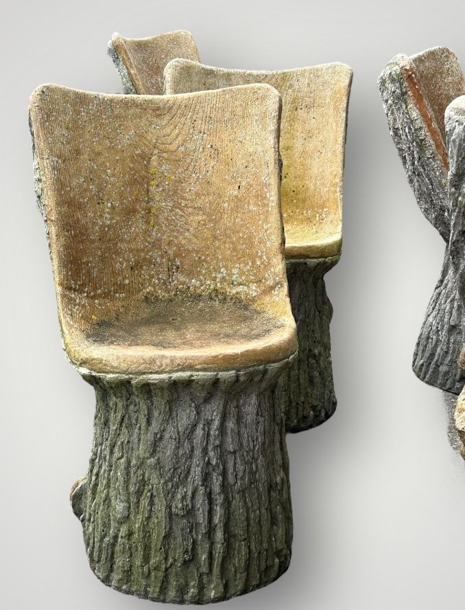 Suite De Six Chaises De Jardin En Ciment Imitant Le Bois Naturel Tronc D'arbre Circa 1950
