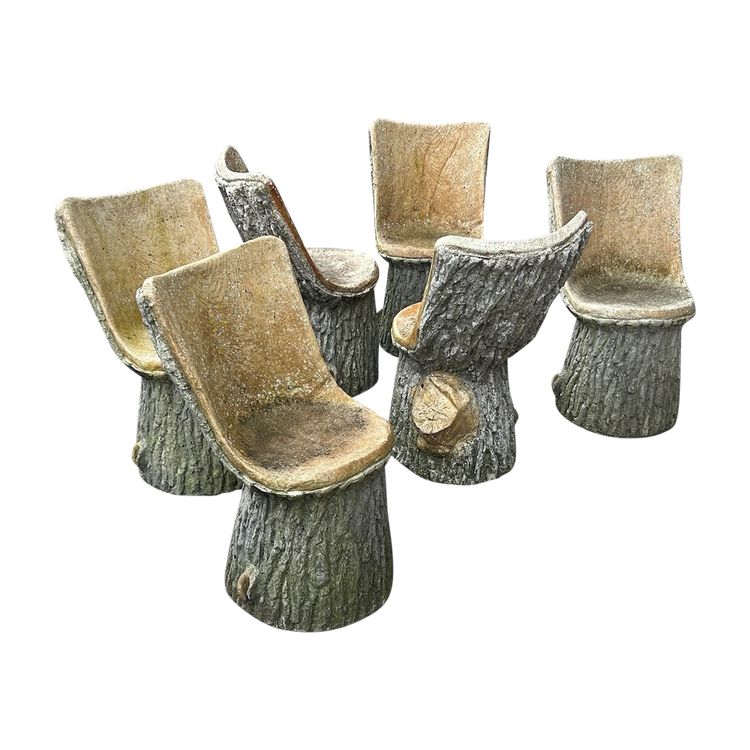 Suite De Six Chaises De Jardin En Ciment Imitant Le Bois Naturel Tronc D'arbre Circa 1950