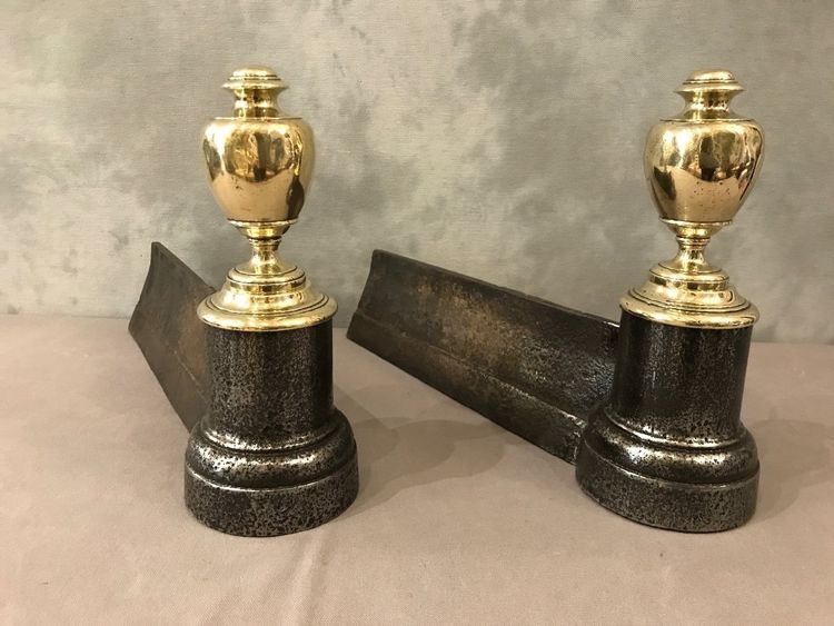 Pair of antique cast iron and brass andirons from the 19th century