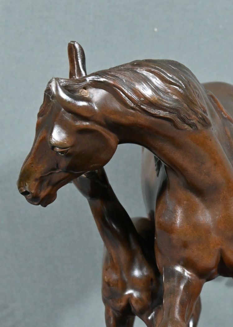 Cavallo e puledro in Spelter, firmato E.Loiseau – Inizio XX secolo