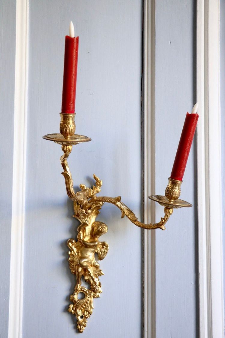 Pair Of Gilded And Chased Bronze Sconces With Two Light Arms