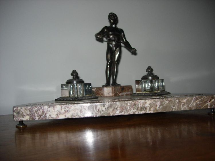 Bronze and marble character inkwell