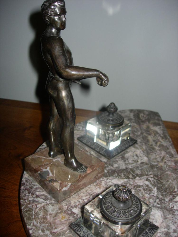 Bronze and marble character inkwell