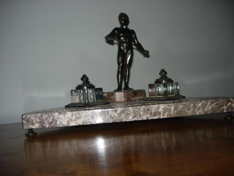 Bronze and marble character inkwell