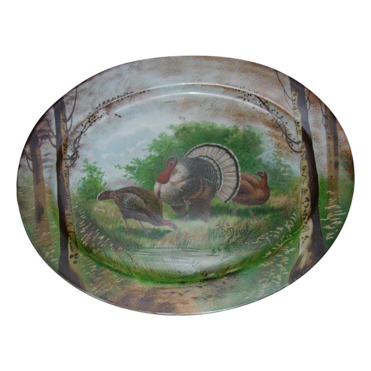 2 Grands Plats En Porcelaine Peints Décor Animalier