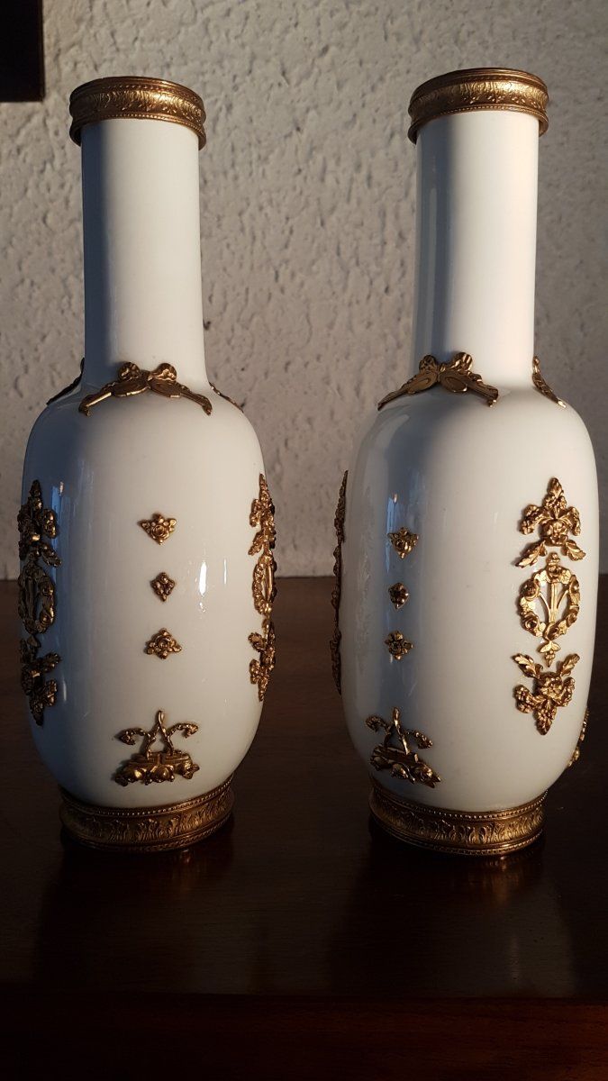 Pair of Louis XVI Style Porcelain Vases with Brass Decor