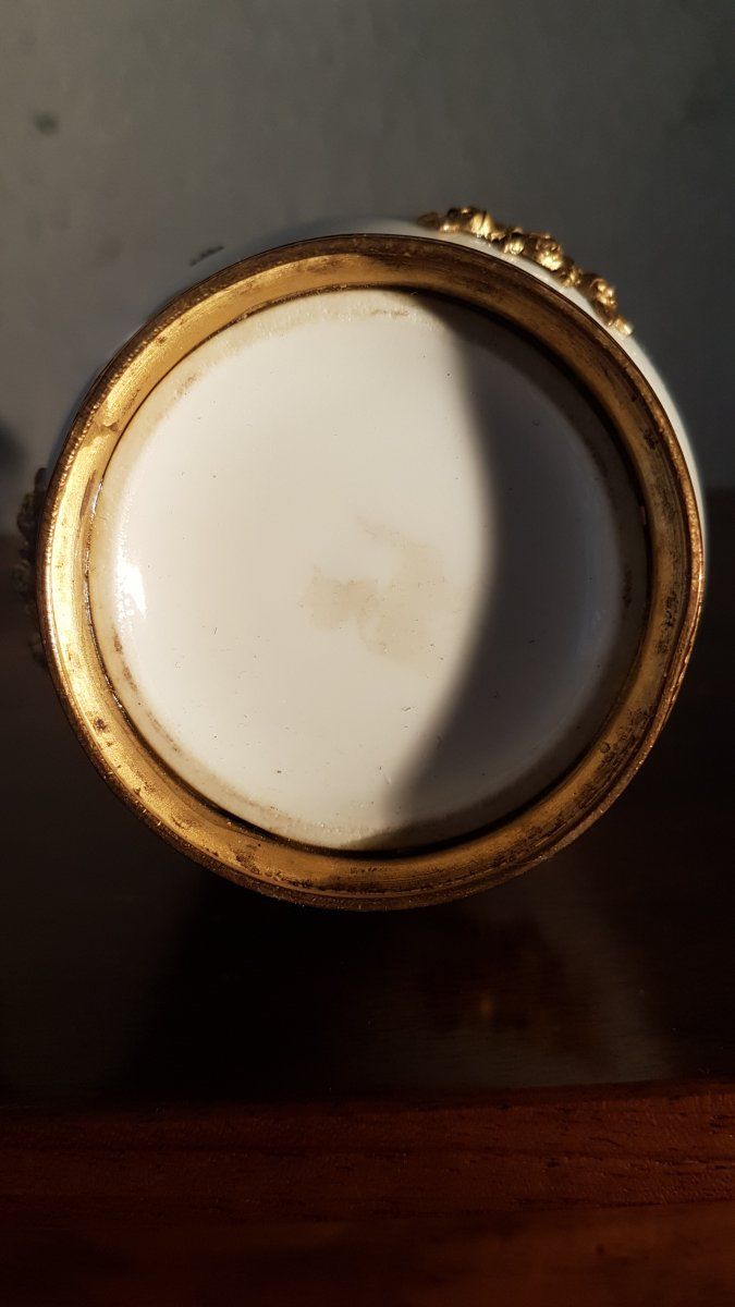 Pair of Louis XVI Style Porcelain Vases with Brass Decor