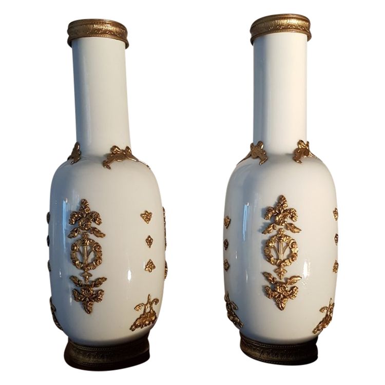 Pair of Louis XVI Style Porcelain Vases with Brass Decor