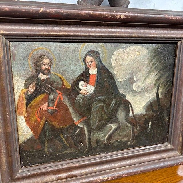 Tableau ancien à l'huile Fuite en Egypte Ecole italienne du XVIIe siècle. Taille 36 x 26 