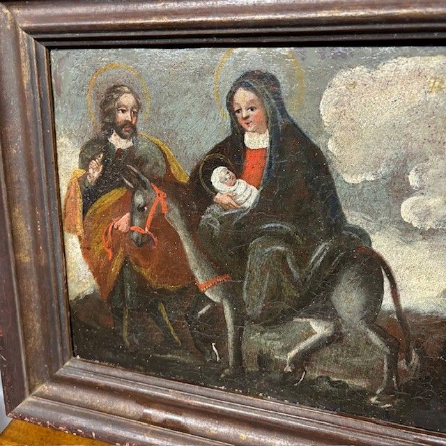 Tableau ancien à l'huile Fuite en Egypte Ecole italienne du XVIIe siècle. Taille 36 x 26 