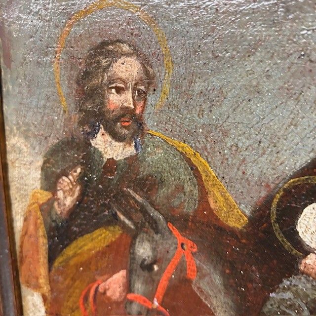 Tableau ancien à l'huile Fuite en Egypte Ecole italienne du XVIIe siècle. Taille 36 x 26 