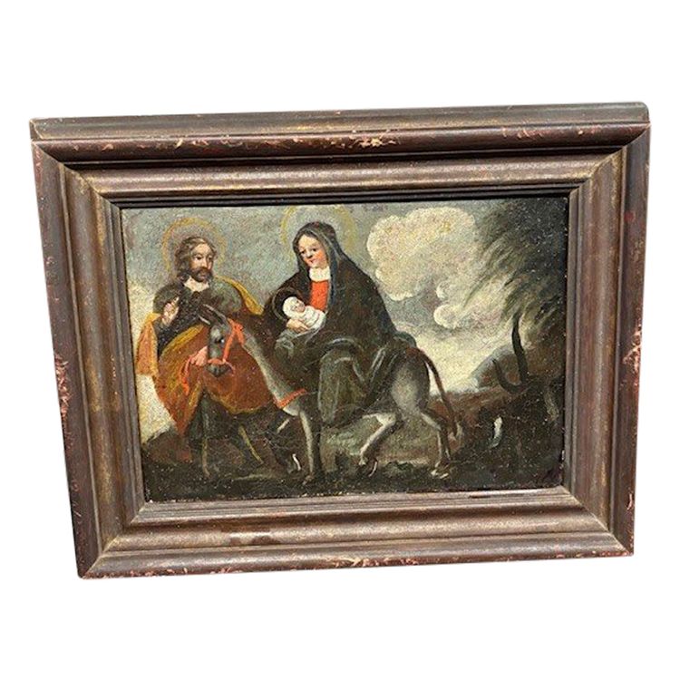 Tableau ancien à l'huile Fuite en Egypte Ecole italienne du XVIIe siècle. Taille 36 x 26 