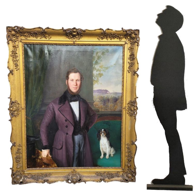 Ritratto di un gentiluomo e del suo cane (h160cm), Hst con cornice, XIX secolo