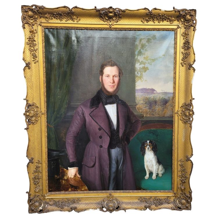 Ritratto di un gentiluomo e del suo cane (h160cm), Hst con cornice, XIX secolo