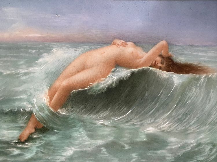 Ölgemälde auf Keramik „Die Welle“ signiert M. Damon 1918 + Rahmen, vgl. G. Seignac