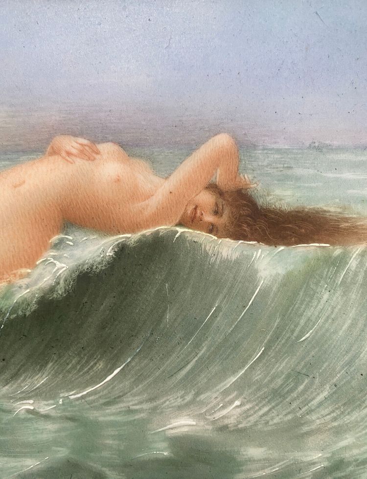 Ölgemälde auf Keramik „Die Welle“ signiert M. Damon 1918 + Rahmen, vgl. G. Seignac
