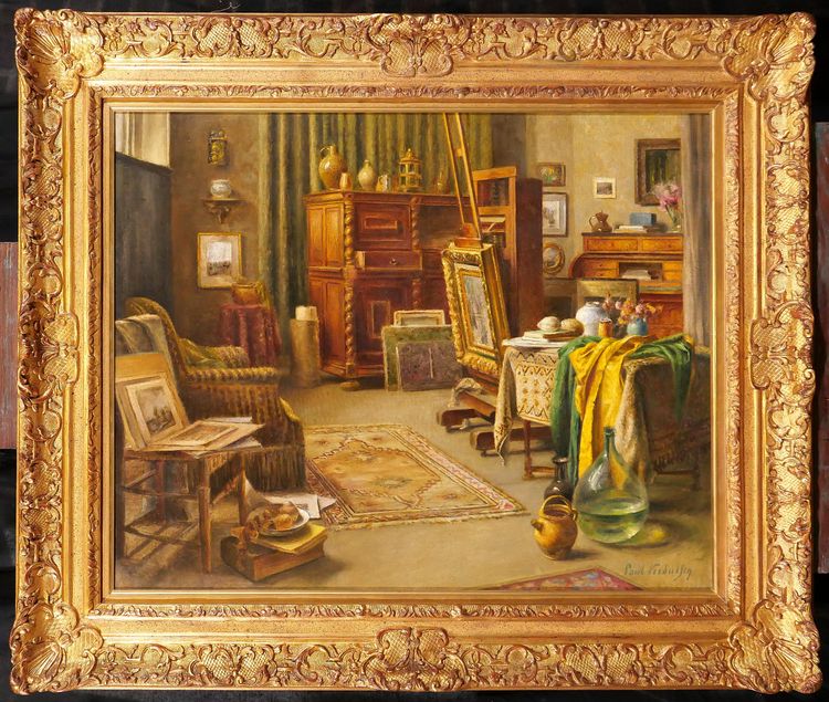 Paul Verdussen 1868-1944 Lo studio del pittore, interno, dipinto, circa 1900, Belgio