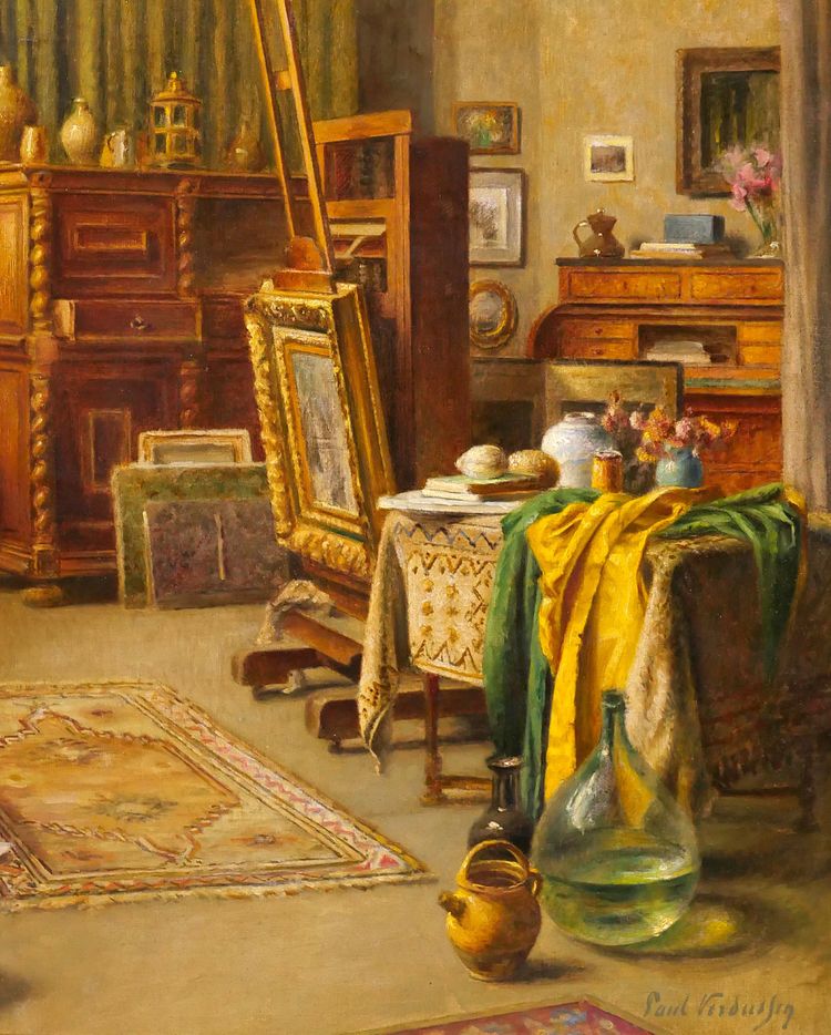 Paul Verdussen 1868-1944 Lo studio del pittore, interno, dipinto, circa 1900, Belgio