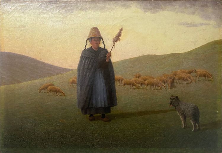 Tableau HST XIX° siècle Berger avec moutons et chien en alpage signé A. Trefois