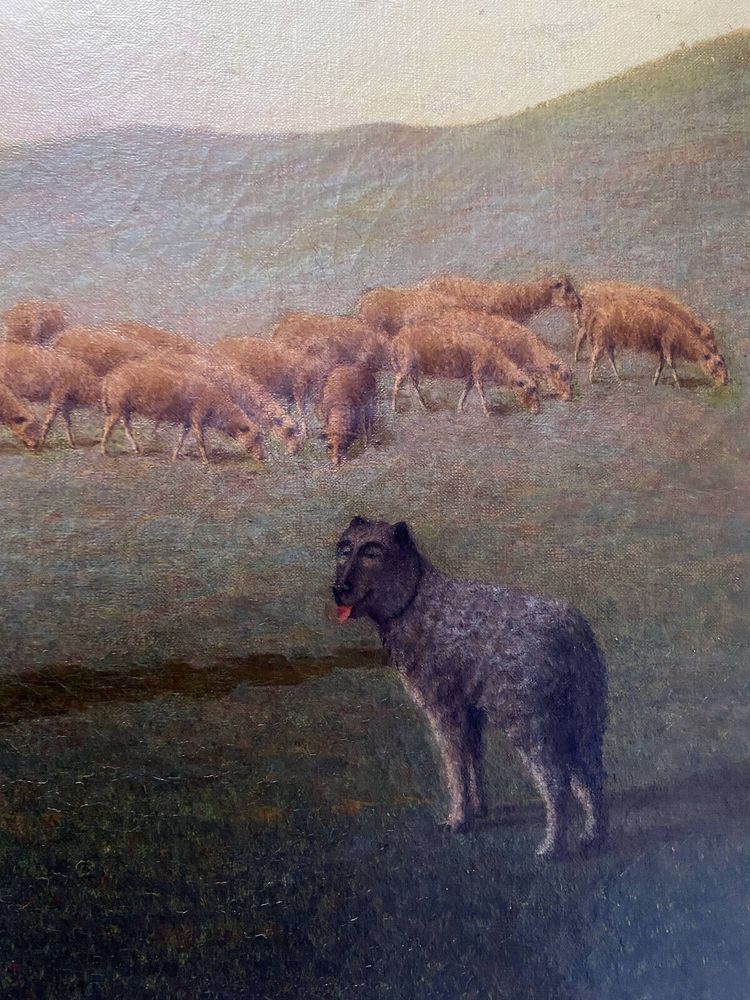 Tableau HST XIX° siècle Berger avec moutons et chien en alpage signé A. Trefois